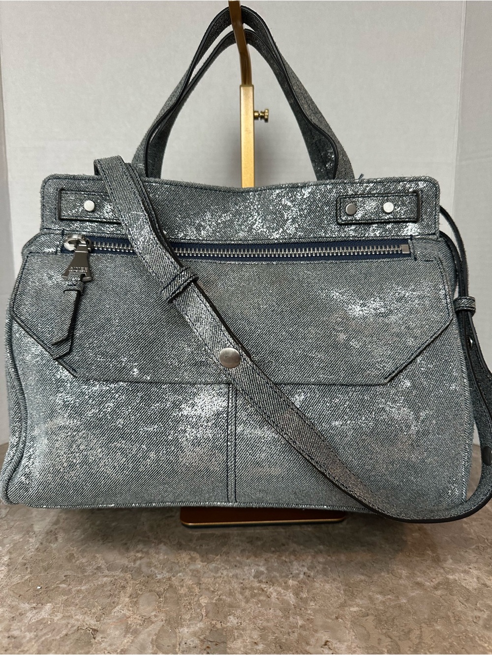 Aimee Kestenberg Distressed Metallic Silver Denim Leather Satchel Hand Bag Glam